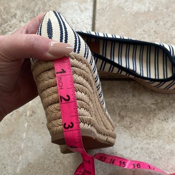 Tory Burch Jackie Striped Peep-Toe Wedge sandal Ivory Navy - Picture 14 of 14